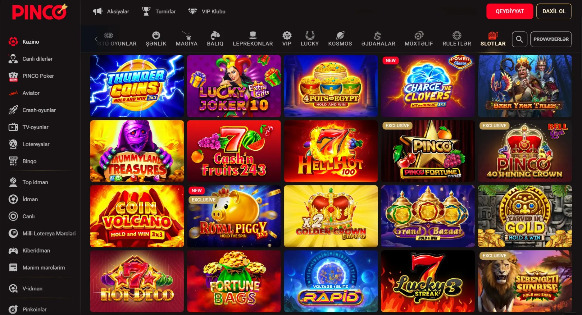 Pinco Kazinoda oyun növləri
